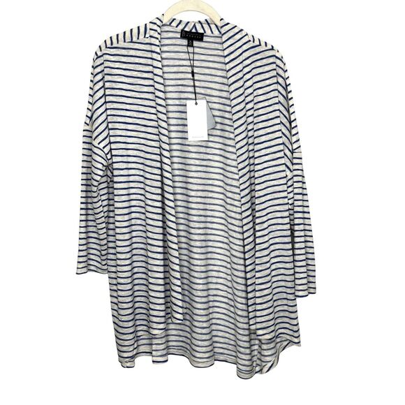 Bobeau Cardigan Womens Medium Blue White Striped Open Front Lightweight Sweater - Picture 1 of 8